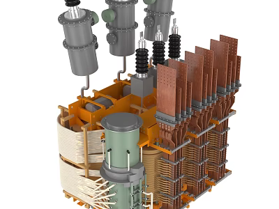 Industrial Transformer Equipment Featuring Complex Metal Structure Coils Pipes And Multi Colored Components 3d model