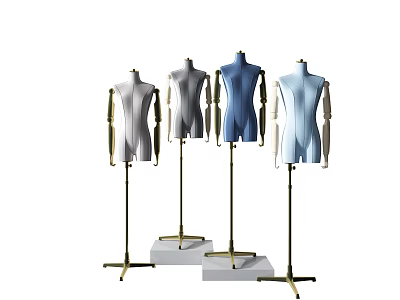 Four Mannequins Display With White Gray Blue Colors And Golden Stands 3d model