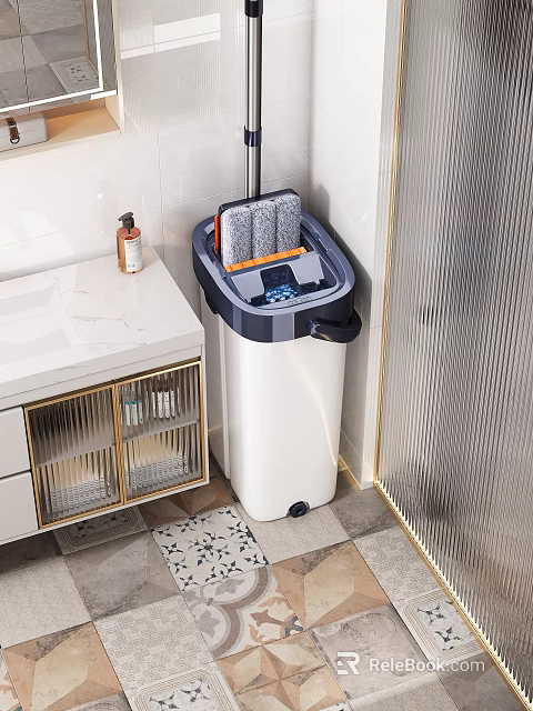 Washing Daily Essentials With Mop Bucket Cleaning Brushes And Detergent In Bathroom 3d model 