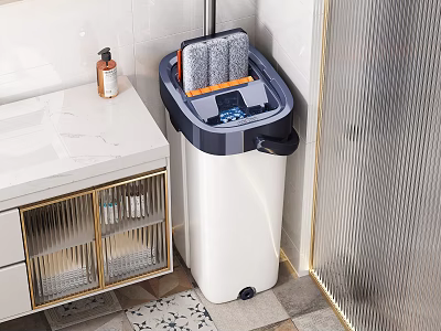 Washing Daily Essentials With Mop Bucket Cleaning Brushes And Detergent In Bathroom 3d model