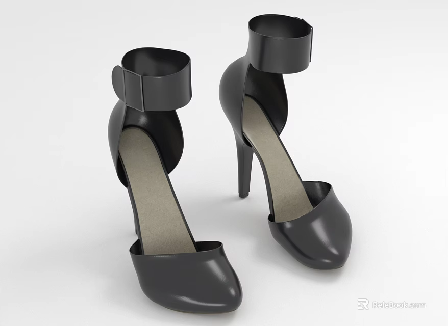 Black High Heel Shoes with Ankle Strap Design Leather Upper Elegant Women's Footwear 3d model 