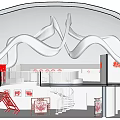 Artistic Interior Space Featuring Red Structures Spiral Staircase And White Wavy Decor 3d model