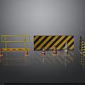 Road Construction Safety Scene With Yellow Guardrail Black Striped Barrier And Traffic Cones