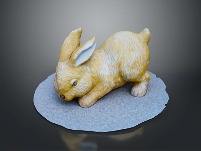 Detailed Yellow Rabbit Sculpture in Crouching Pose on Gray Circular Base 3d model
