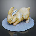 Detailed Yellow Rabbit Sculpture in Crouching Pose on Gray Circular Base 3d model
