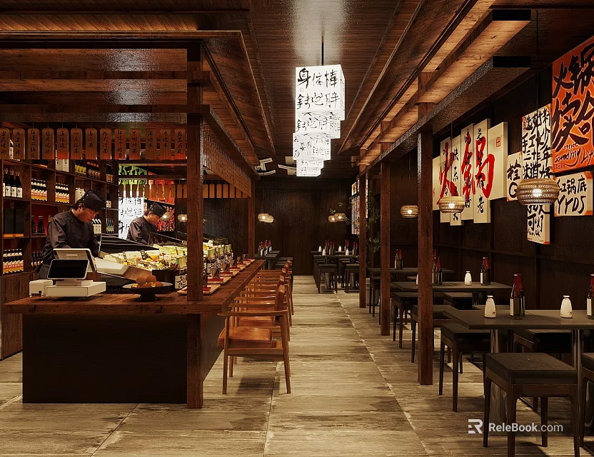 Traditional Japanese Bar Interior With Wooden Counter And Hanging Lanterns Seating Area 3d model 
