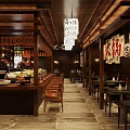 Traditional Japanese Bar Interior With Wooden Counter And Hanging Lanterns Seating Area