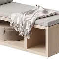 Two Seater Sofa with Wooden Frame Gray Cushion Storage Compartments Draped Striped Blanket and Box