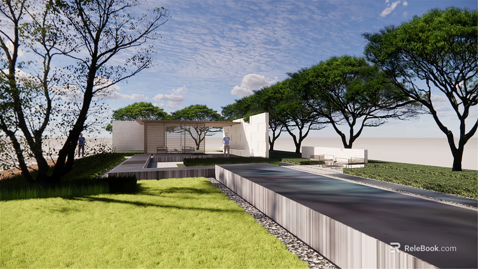 Serene Courtyard Garden with Lush Green Lawn Shady Trees and Water Path 3d model 