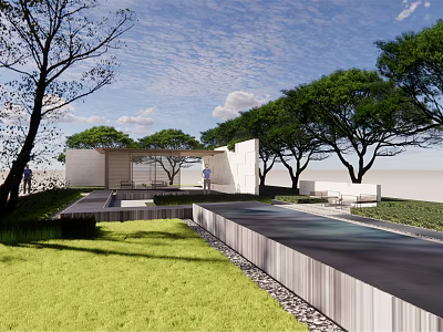 Serene Courtyard Garden with Lush Green Lawn Shady Trees and Water Path 3d model
