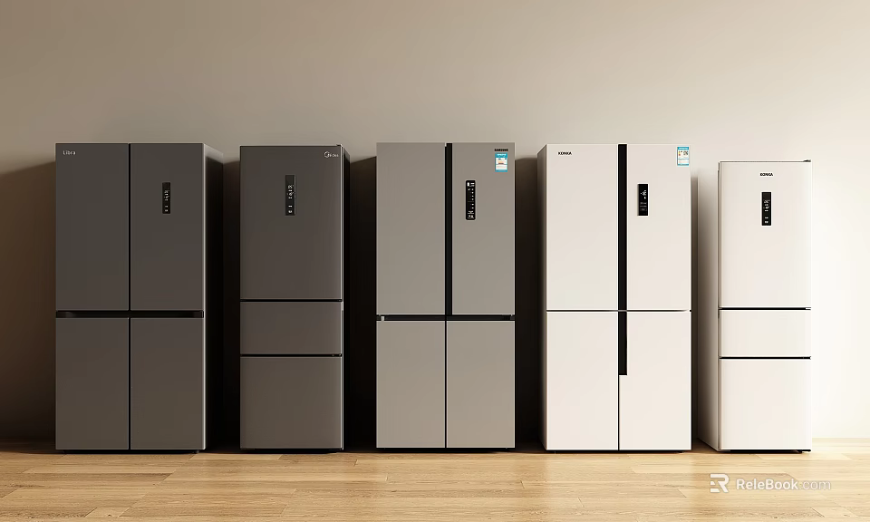 Various Colored Refrigerators In Different Styles Lined Up Against Light Walls On Wooden Floor 3d model 