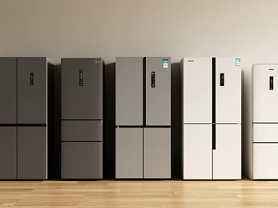 Various Colored Refrigerators In Different Styles Lined Up Against Light Walls On Wooden Floor 3d model