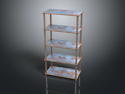 Rustic Five Tiered Metal Shelf With Blue Surface Rust Marks On Black Background And Reflection 3d model