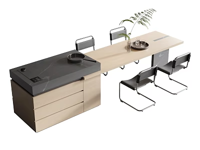 Rectangular Dining Table Set with Black Metal-Legged Chairs Light Wood Cabinet and Potted Plant Tray 3d model