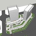 Modern Commercial Complex With Interconnected Walkways Green Roof And Plaza Area