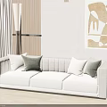 Modern Light Colored Three Seater Sofa With Throw Pillows Floor Lamp And Decorative Painting