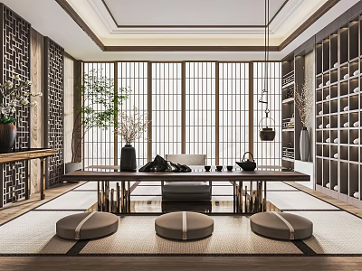 Japanese-style Tea Room Zen Tea Room Tea Table and Chair Tea Cabinet Storage Rack Decorative Cabinet Tea Table Tea Chair Tea Stool 3d model