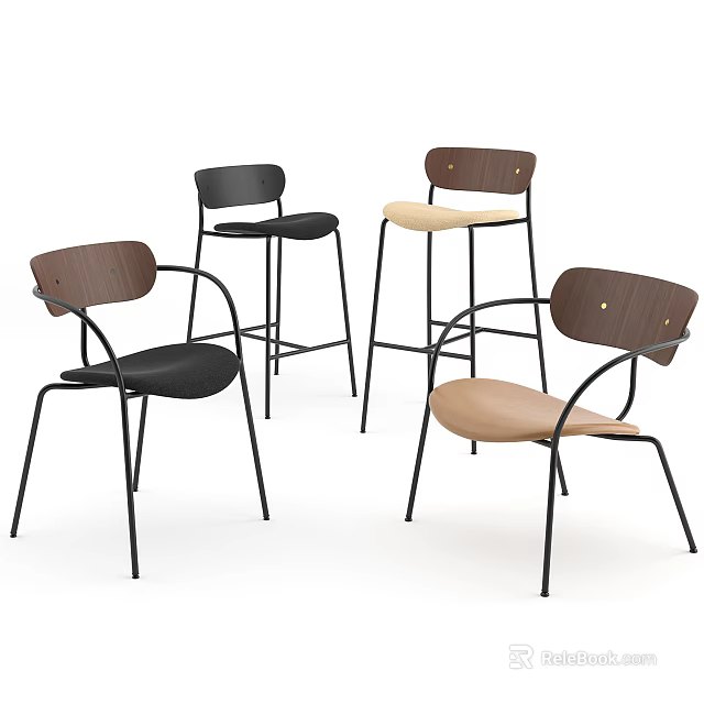 Modern Bar Stools Design With Metal Frames Wooden Backrests And Colored Seats 3d model 