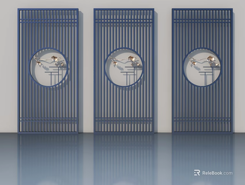 Blue Swing Doors With Vertical Slat Design And Circular Decorative Elements 3d model