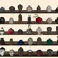 Decorative Ceramic Vessels Displayed on Shelves with Various Colors and Shapes