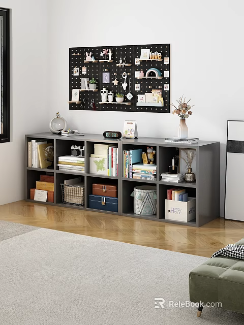 Gray Multi Shelf Bookcase With Books Decorations Photo Frames Vase And Clock 3d model 