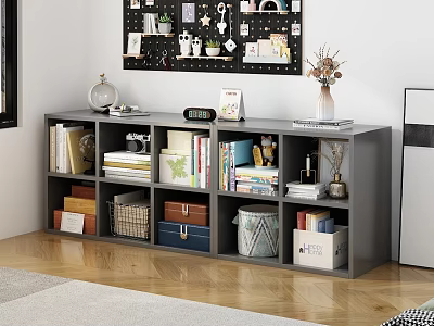 Gray Multi Shelf Bookcase With Books Decorations Photo Frames Vase And Clock 3d model