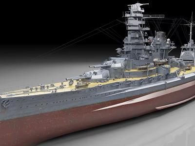 Detailed Battleship Model With Gray Hull Red Bottom And Upper Superstructure 3d model