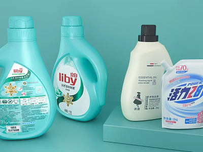 Multiple Laundry Detergent Bottles in Blue and White on Teal Background for Daily Household Washing 3d model