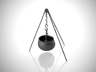 Hanging Black Cooking Pot With Tripod Stand And Metal Chain For Household Use 3d model