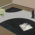 Square Rug With Black And White Geometric Pattern On Wooden Floor With Vase And Magazine