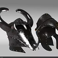 Horned And Decorative Medieval Metal Helmets With Rivets And Sun Badge Design