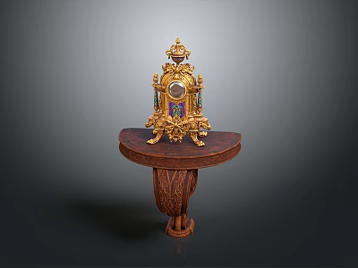 Ornate Gold Decorative Electronic Clock On Wooden Carved Base With Stained Glass 3d model