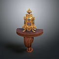 Ornate Gold Decorative Electronic Clock On Wooden Carved Base With Stained Glass
