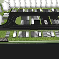 Well Designed Parking Lot With Curved Driveways Green Landscaping And Multiple Vehicles