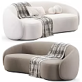 Light Colored Upholstered Two Seater Sofa With Rounded Design And Plaid Blanket 3d model