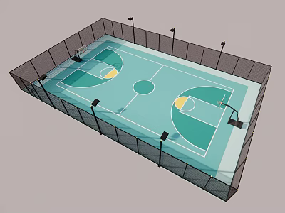 Basketball Court Design With Green Surface Markings Hoops Fencing And Lighting Fixtures 3d model