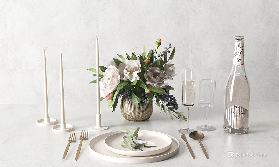 Elegant Tableware Set With White Plates Golden Cutlery Floral Arrangement Candles Wine Glasses And Bottle 3d model 
