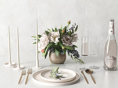 Elegant Tableware Set With White Plates Golden Cutlery Floral Arrangement Candles Wine Glasses And Bottle 3d model