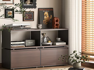 Modern Entryway Cabinet Sideboard Design With Books Decorative Sculpture Framed Pictures And Potted Plant 3d model