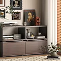 Modern Entryway Cabinet Sideboard Design With Books Decorative Sculpture Framed Pictures And Potted Plant