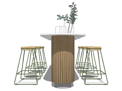 Round Bar Counter With White Countertop Wooden Panel And Metal Frame Stools With Green Plants 3d model