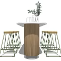 Round Bar Counter With White Countertop Wooden Panel And Metal Frame Stools With Green Plants