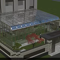 Curved Glass Sunshade in Garden Entrance with Green Plants Red Trees and Fence Near Building