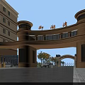 Bronze Arch Entrance Gate of Modern Building with Tower Structures and Glass Windows Along Driveway