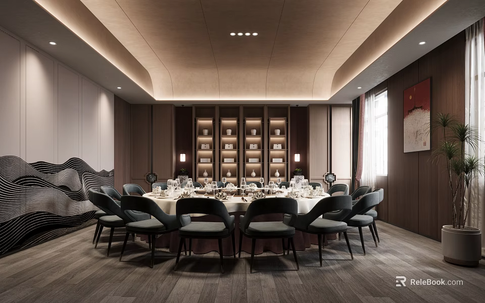 Modern Private Dining Room With Round Table And Elegant Chairs 3d model