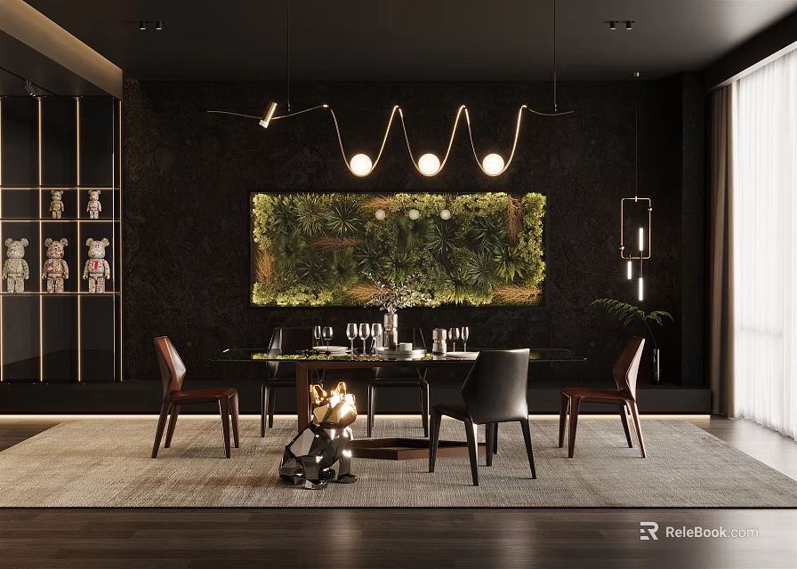 Elegant Modern Restaurant Interior Design With Green Plant Wall Dining Table And Pendant Lights 3d model 