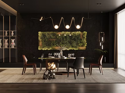 Elegant Modern Restaurant Interior Design With Green Plant Wall Dining Table And Pendant Lights 3d model