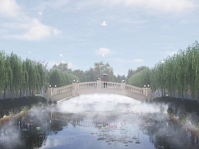 Scenic Stone Arch Bridge Over Misty Pond With Willow Trees And Lotus Flowers 3d model