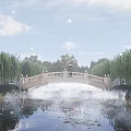 Scenic Stone Arch Bridge Over Misty Pond With Willow Trees And Lotus Flowers
