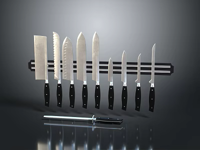 Stainless Steel Kitchen Knife Set With Multiple Blades Black Handles And Magnetic Holder 3d model